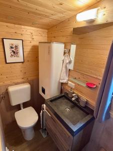a small bathroom with a sink and a refrigerator at Chalet Josef in Braunsbedra
