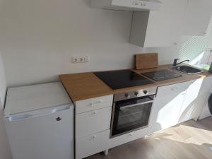 eine kleine Küche mit Herd und Spüle in der Unterkunft Schmidt Pension in Karstädt