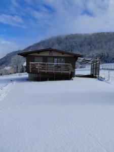 a house in the snow with a snow covered yard at Chalet a la montagne in Cornod +5 photos
