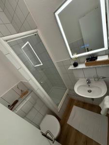 a small bathroom with a sink and a mirror at Jade Villa an der Nordsee in Jaderaltendeich