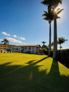 a house with two palm trees in a yard at Casa de campo - chácara Guinato in Socorro