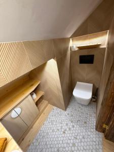 a small bathroom with a toilet in a room at Kachlówka in Lachowice