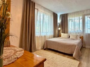 a bedroom with a bed and a large window at Златкова къща in Koprivshtitsa