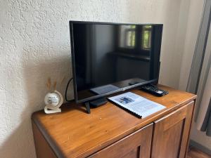 a television sitting on top of a wooden dresser at Abeille de Chamonix in Chamonix