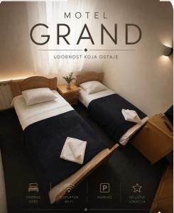 two beds in a room with a poster for a model grand at Motel Grand in Rožaje +11 photos