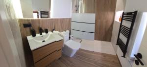 a bathroom with a white sink and a toilet at Apartamente Nefeli in Curtea de Argeş