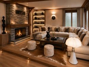 a living room with a couch and a fireplace at Chalet Greystone in Brides-les-Bains