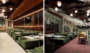 two pictures of a restaurant with green chairs and tables at Laa Montre Kharagpur in Barādiha