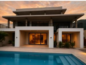 a house with a pool in front of it at Sea Esta in Le Morne