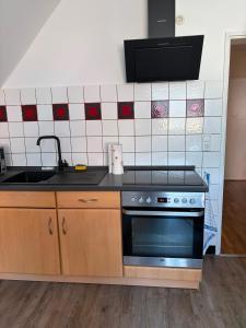 a kitchen with a stove and a sink at Lenyanca Apartment in Salzbergen