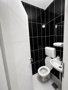 a black tiled bathroom with a toilet and a sink at Apartment Petar in Kotor