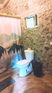 ein Badezimmer mit einer weißen Toilette in einer Steinwand in der Unterkunft Cabañas Ixaya in Catemaco + 24 Fotos
