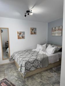 a bedroom with a bed and a ceiling fan at Modern studio in Athens