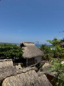 a house with a thatched roof with the ocean in the background at Casa Santa Elena in Brisas de Zicatela