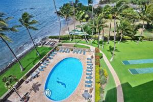 an overhead view of a swimming pool and the ocean at Menehune Shores 606 - Direct Ocean Front, Split AC in Kihei