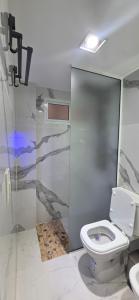 a bathroom with a toilet and a shower stall at Roca Madryn in Puerto Madryn