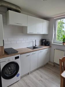 a kitchen with a washing machine and a sink at Cozy Attic Apartment Koszalin in Koszalin