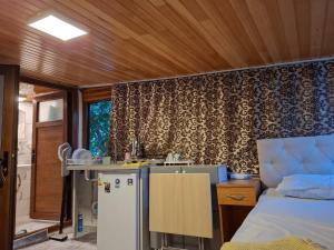 a kitchen with a sink and a refrigerator in a room at Demir Apart Otel in Kaş