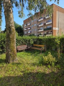 two benches in the grass next to a tree and a building at Cozy Attic Apartment Koszalin in Koszalin +2 photos