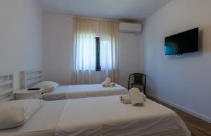 a bedroom with two beds and a flat screen tv at Casa Haralambie in Greci