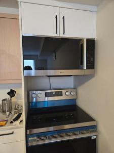 a kitchen with a microwave and a stove at Private Guest Suite Sleeps 4 in Riverview
