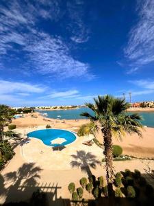 a resort with a swimming pool and a palm tree at Sabina 2BD with pool and lagoon view in Hurghada