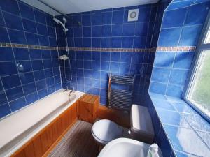a blue tiled bathroom with a toilet and a tub at Cosy Bala House in Bala