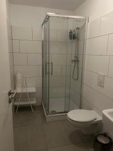 a bathroom with a shower and a toilet at Freedom Studio Apartment in Berlin +63 photos