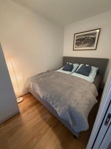 a bedroom with a bed with blue pillows on it at Sentrumsnær leilighet Bergen in Bergen