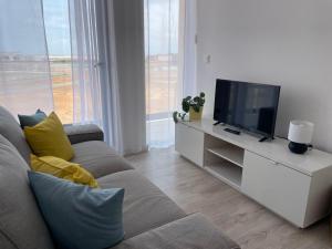 a living room with a couch and a tv at Apartamento T0 - MedSal Residence in Prainha +4 photos