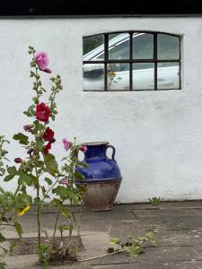 a blue vase sitting next to a building with a window at Pärla in Kåseberga in Löderup