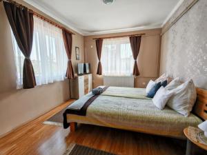 a bedroom with a bed and two windows at Katalin Apartmanház in Miskolctapolca