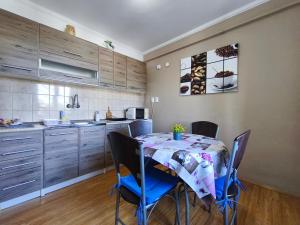 a kitchen with a table and chairs in a room at Katalin Apartmanház in Miskolctapolca +35 photos