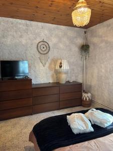 a bedroom with a bed and a tv and a lamp at Hélios ranch in Varennes-le-Grand