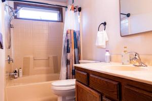 a bathroom with a sink and a toilet and a shower at Cozy house in Moorhead +23 photos