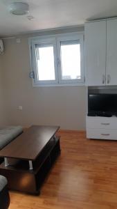 a living room with a coffee table and a flat screen tv at Splav Maria-Zlatarsko jezero in Kokin Brod