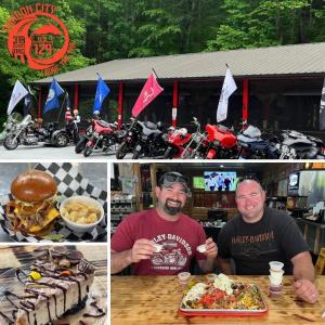 three pictures of two men sitting at a table with food at Dragon City in Maryville