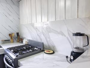 a kitchen with a stove and a blender on a counter at Hostel 53 Sur in Puerto Natales