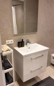 a bathroom with a white sink and a mirror at Darius Apartment Kehl in Kehl am Rhein +18 photos