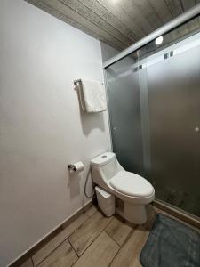 a bathroom with a toilet and a glass shower at Lovely chalet in Mazamitla in Puente de las Cuevas +16 photos