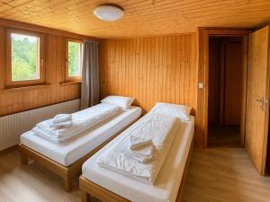 a bedroom with two beds in a wooden room at Alpine Serviced Apartment with Mountain Views in Cazis