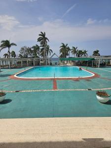 a large swimming pool with blue water and palm trees at A World Away in Montego Bay