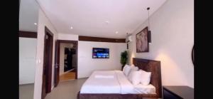 a bedroom with a bed and a tv on the wall at Orange Place - Benson Close in Lagos