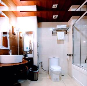 a bathroom with a toilet and a sink and a shower at Basra Touristic Hotel in Al Başrah +87 photos