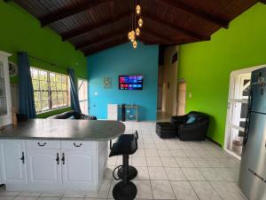 a kitchen with green and blue walls and a counter at Ocean veiw Apartment in Telescope +13 photos