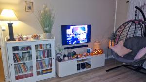 ein Wohnzimmer mit einem Sessel und einem Fernseher in der Unterkunft Løten in Løten