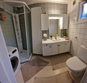 ein Badezimmer mit Waschbecken und Waschmaschine in der Unterkunft Løten in Løten + 5 Fotos
