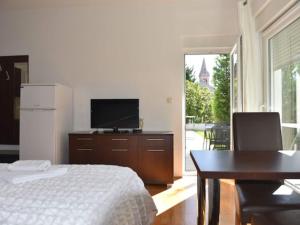 a bedroom with a bed and a table and a television at Apartments Despot Zaostrog RO in Zaostrog