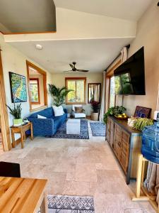 a living room with a blue couch and a tv at Hilltop View Sanctuary in Fallbrook
