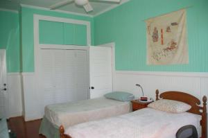 two beds in a room with green walls at Hale Naalehu LLC Bed and Breakfast in Naalehu
